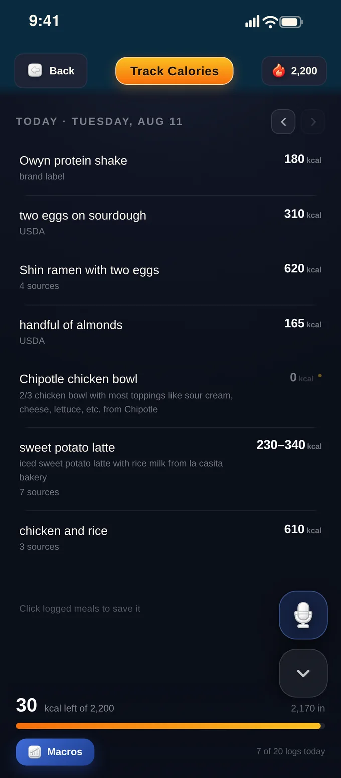Bounty's Track Calories journal: an Owyn protein shake at 180 kcal, Shin ramen with two eggs at 620 kcal from four sources, a Chipotle chicken bowl still being priced, and an iced sweet potato latte estimated at 230 to 340 kcal from seven sources.