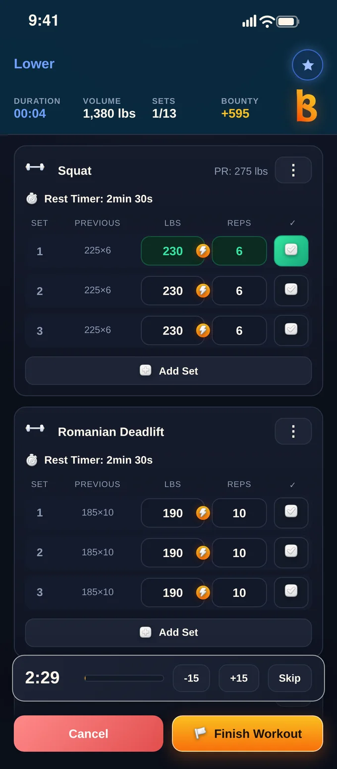 Bounty's workout logger mid session: a Lower day with squats at 230 lbs for 6, the first set ticked, Romanian deadlifts seeded to 190 lbs, and a rest timer counting down from 2:29.